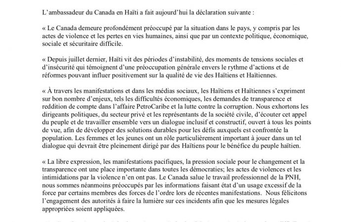 Haïti-Crise: inquiet, le Canada appelle les Haïtiens au dialogue