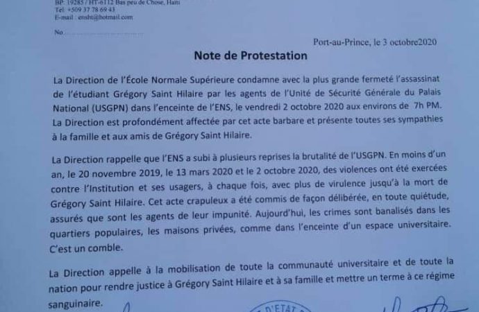 La direction de l’ENS condamne l’assassinat de l’étudiant Grégory Saint Hilaire