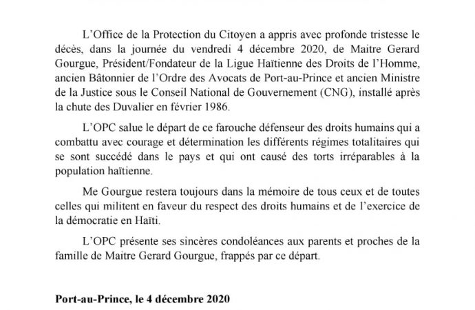 Le Protecteur du Citoyen salue le départ Me Gérard Gourgue, « grand défenseur des droits humains »