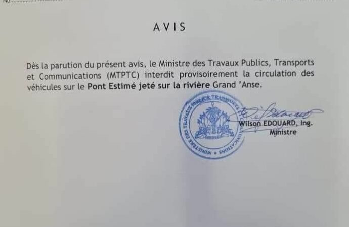 Grand’Anse-Séïsme : le MTPTC interdit provisoirement la circulation des véhicules sur le pont Estimé