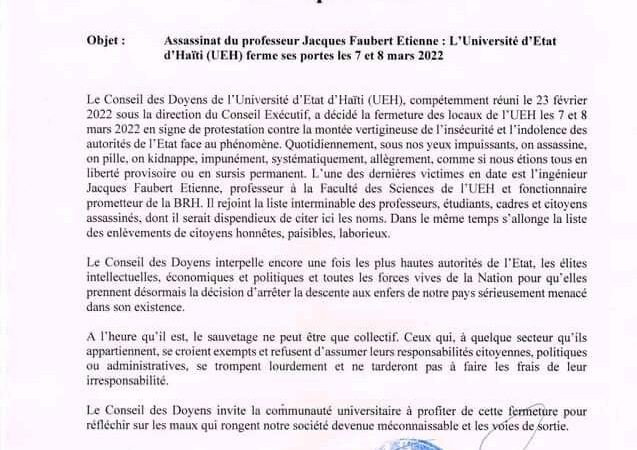 Assassinat du professeur Jacques F. Etienne: L’UEH proteste et ferme ses portes